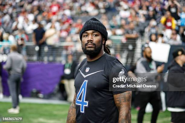 Running back Dalvin Cook of the Minnesota Vikings looks on during an NFL Pro Bowl football game at Allegiant Stadium on February 05, 2023 in Las...