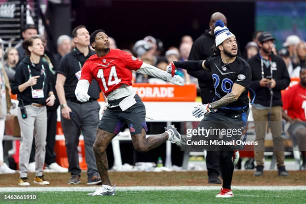 Wide receiver Stefon Diggs of the Buffalo Bills fights for a ball against NFC strong safety Talanoa Hufanga of the San Francisco 49ers during an NFL...