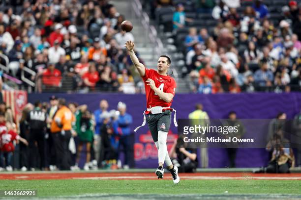 Quarterback Derek Carr of the Las Vegas Raiders passes on the run during an NFL Pro Bowl football game at Allegiant Stadium on February 05, 2023 in...
