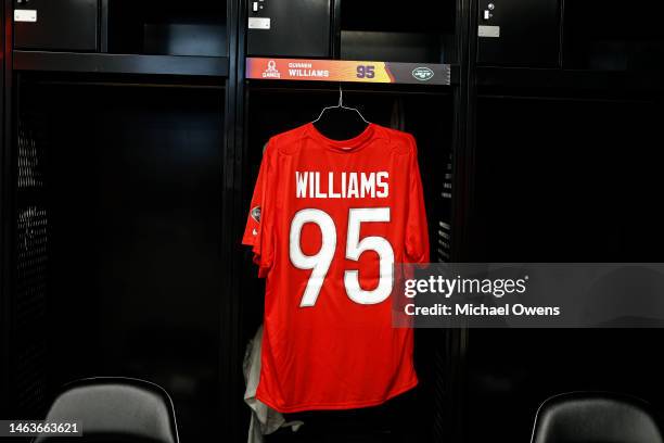 General view of AFC defensive tackle Quinnen Williams of the New York Jets jersey hanging in the locker room prior to an NFL Pro Bowl football game...