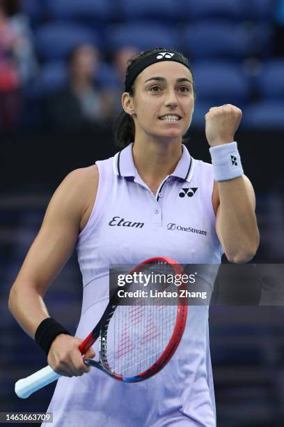 Caroline Garcia of France celebrates winning match point in their round two singles match against Leylah Fernandez of Canada during day four of the...