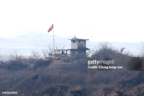 North Korean guard post is seen from an South Korea's observation post inside the demilitarized zone separating South and North Korea on February 07,...