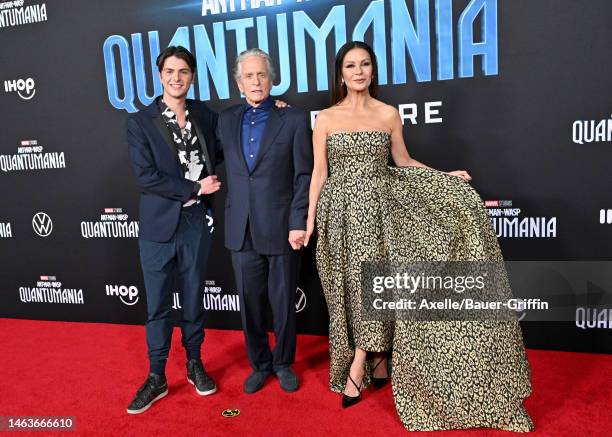 Dylan Michael Douglas, Michael Douglas, and Catherine Zeta-Jones attend Marvel Studios' “Ant-Man and The Wasp: Quantumania" at Regency Village...