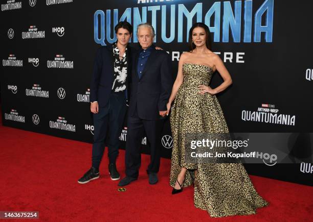 Dylan Michael Douglas, Michael Douglas, and Catherine Zeta-Jones attend Marvel Studios' “Ant-Man And The Wasp: Quantumania" at Regency Village...