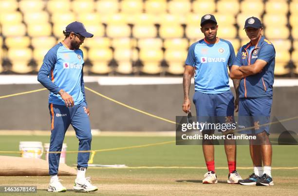 Rohit Sharma of India checks the pitch during a training session at Vidarbha Cricket Association Ground on February 07, 2023 in Nagpur, India.