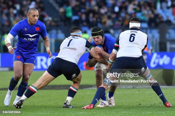 The players of France and the players of Italy during the match Italy-France at the Olympic Stadium for the six nations tournament 2023. Rome ,...