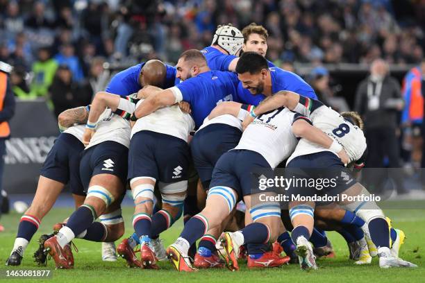 The players of France and the players of Italy during the match Italy-France at the Olympic Stadium for the six nations tournament 2023. Rome ,...