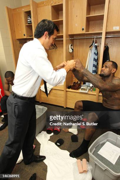 Head Coach of the Miami Heat Erik Spoelstra and LeBron James after defeating the Oklahoma City Thunder in Game Two of the 2012 NBA Finals at...