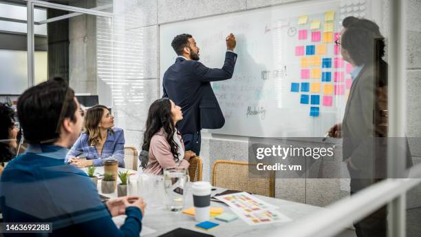 compañeros de trabajo diversos escribiendo en la pizarra - desarrollo ágil de software fotografías e imágenes de stock