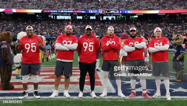Players Quinnen Williams of the New York Jets, Cameron Heyward of the Pittsburgh Steelers, Myles Garrett of the Cleveland Browns, Maxx Crosby of the...