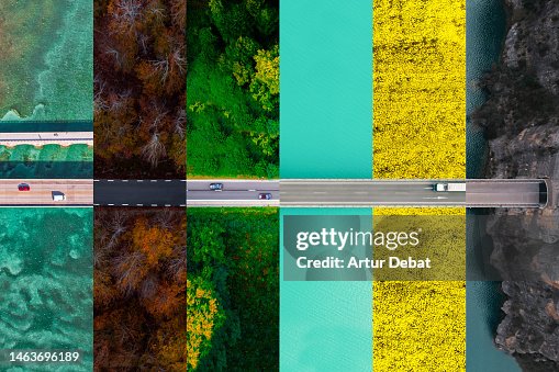 Collage composition matching roads from directly above in different scenarios and seasons. Collage composition matching roads from directly above in different scenarios and seasons.