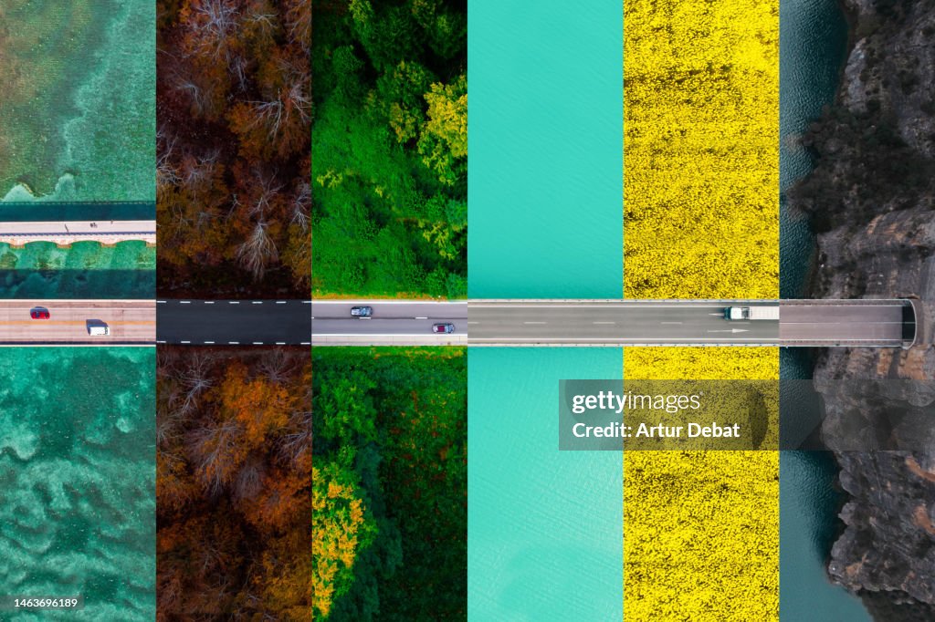 Collage composition matching roads from directly above in different scenarios and seasons.