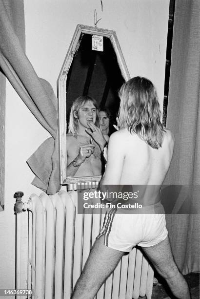 Guitarist Alex Lifeson from Canadian band Rush poses backstage at the Aragon Ballroom in Chicago, Illinois during their All The World's a Stage tour...