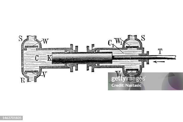 old pumps ,double-acting plunger pump with internal stuffing boxes - rusty pipes stock illustrations