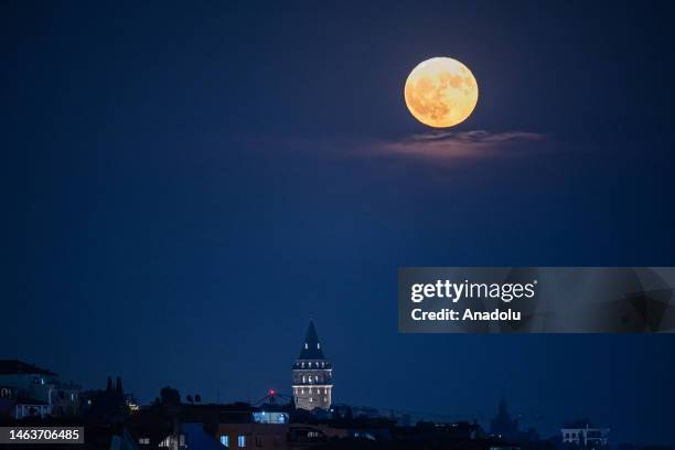 Super Moon rises over Galata Tower in Istanbul, Turkiye on July 03, 2023.