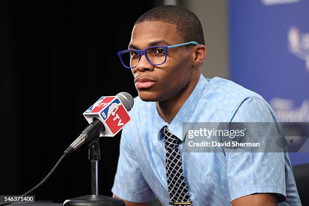 Russell Westbrook of the Oklahoma City Thunder speaks during a press conference after Game Two of the 2012 NBA Finals between the Miami Heat and the...