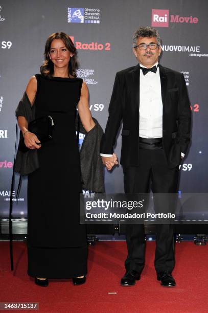 Italian director Paolo Genovese and his wife Federica Rizzo attend at the red carpet during the David di Donatello 2018 Awards ceremony at De Paolis...