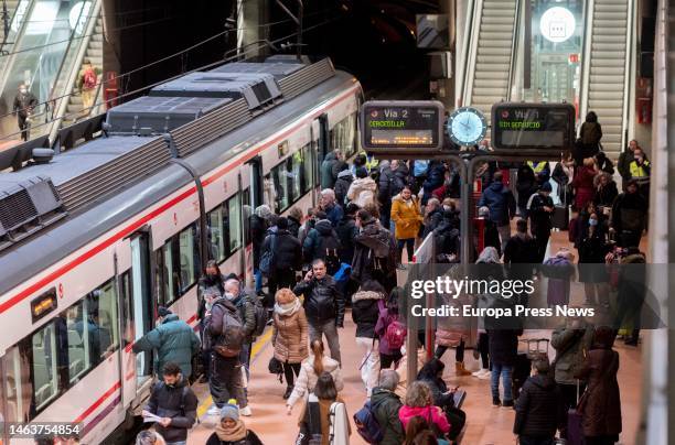 Several people wait on the Cercanias platform at the Puerta de Atocha-Almudena Grandes station on February 7 in Madrid, Spain. The Council of...