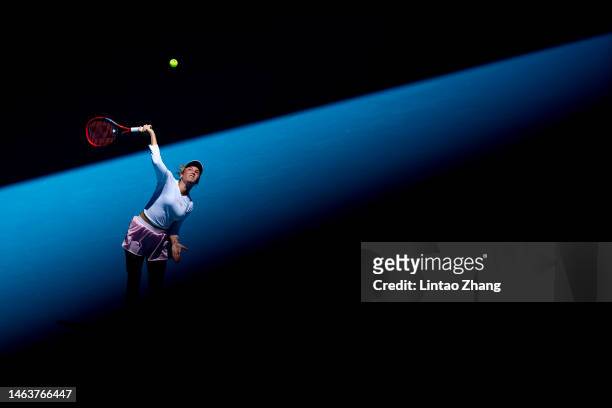 Donna Vekic of Croatia serves in the fourth round singles match against Linda Fruhvirtova of Czech Republic during day eight of the 2023 Australian...