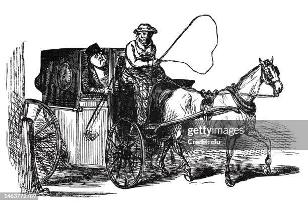 stockillustraties, clipart, cartoons en iconen met man looks out of the carriage and asks the coachman if it would not go faster, cut out on white background - horsedrawn