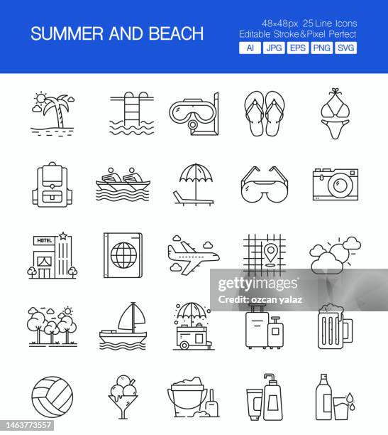 summer and beach thin line vector icon set. the design is editable and the color can be changed. vector set of creativity icons: hostel , ice cream , beach , passport , sea - bucket and spade stock illustrations