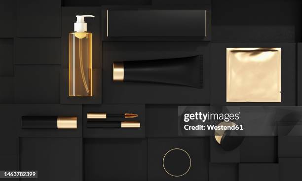three dimensional render of premium make-up set in black packaging - black cosmetic packaging stock illustrations