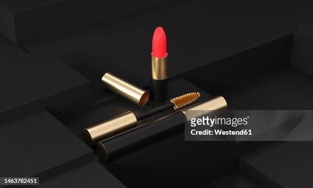 three dimensional render of red lipstick and mascara - luxury stock illustrations