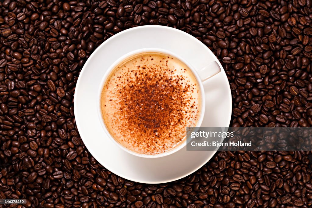 Cup of cappuccino coffee with chocolate powder