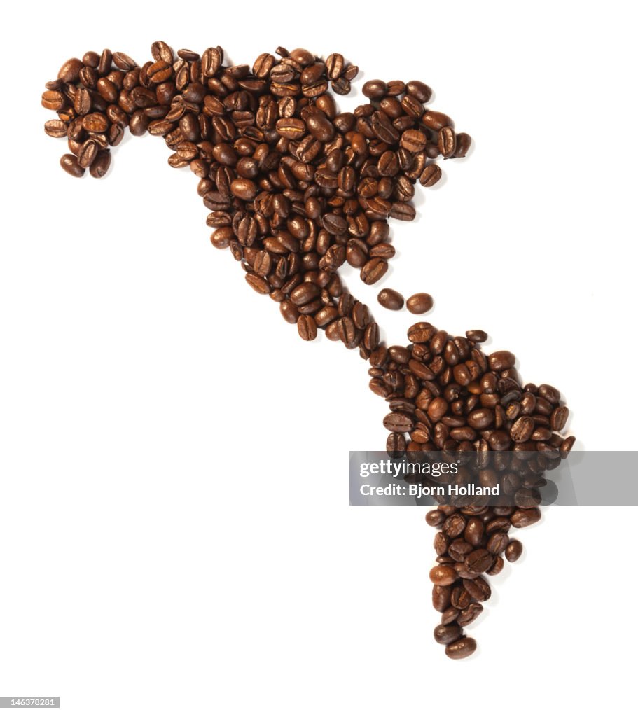 North and South America made from coffee beans