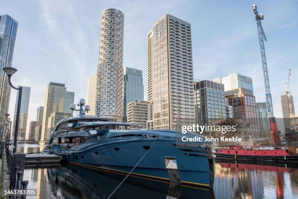 Superyacht PHI owned by Vitaly Vasilievich Kochetkov remains in Canary Wharf after being detained by the National Crime Agency last year on February...