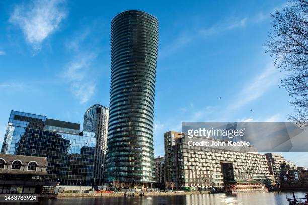General exterior view of the Arena Tower luxury residential apartment building at 25 Crossharbour Plaza, Isle of Dogs in Canary Wharf on February 05,...