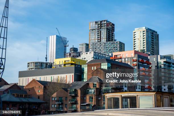 General view of various apartment buildings in Canary Wharf on February 05, 2023 in London, England.