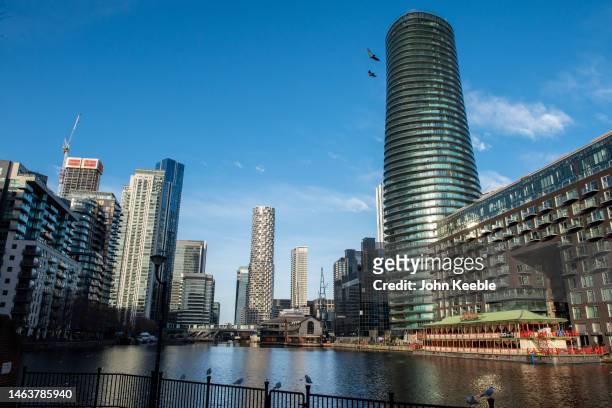 General view of various high-rise luxury residential apartment buildings including the Pan Peninsula twin towers, Hampton Tower, One Park Drive and...