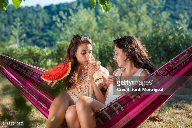 female friends sitting in a hammock on the backyard on a sunny summer day. - sharing two people stock-fotos und bilder
