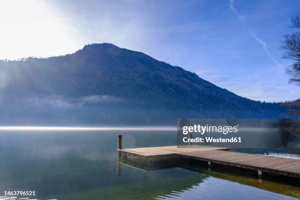 austria, lower austria, lunz am see, jetty on shore of lunzer see lake with scheiblingstein mountain in background - jetty lake stock pictures, royalty-free photos & images