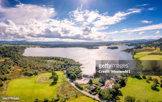 aerial shot of menteith lake and inchmahome island, loch lomond and the trossachs national park, stirling, scotland - the trossachs stock pictures, royalty-free photos & images