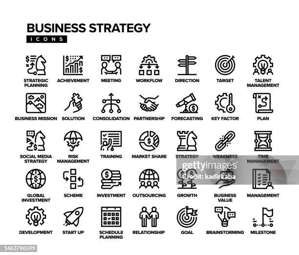 illustrazioni stock, clip art, cartoni animati e icone di tendenza di set di icone linea strategia aziendale - debolezza