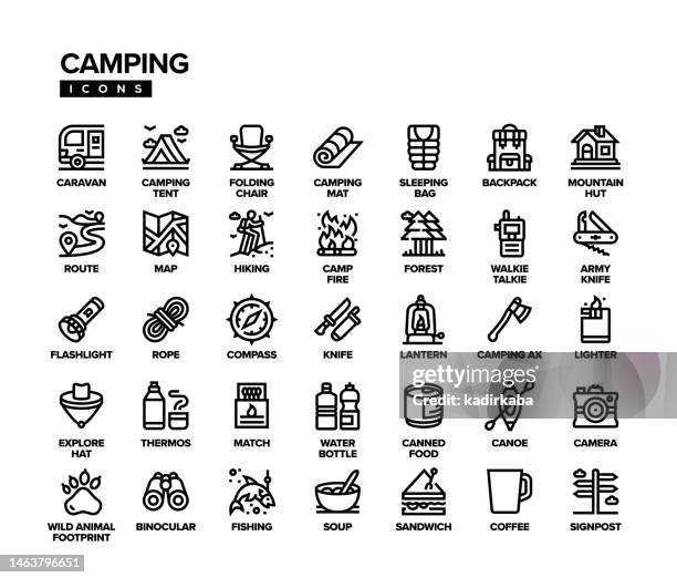 camping line icon set - picnic icon stock illustrations