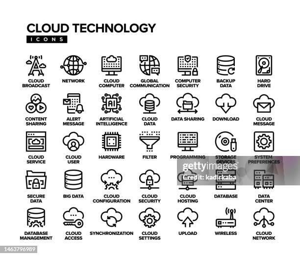 cloud technology line icon set - communications tower editable stock illustrations