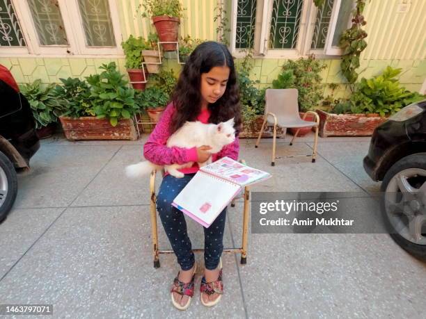 a young girl with her art book opens and a turkish angora cat sitting in her lap. - open day 13 stock pictures, royalty-free photos & images