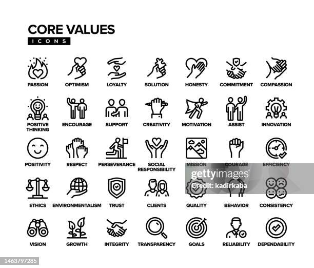 ilustraciones, imágenes clip art, dibujos animados e iconos de stock de conjunto de iconos de línea de valores principales - honestidad