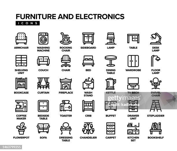 möbel- und elektroniklinie icon set - anrichte stock-grafiken, -clipart, -cartoons und -symbole