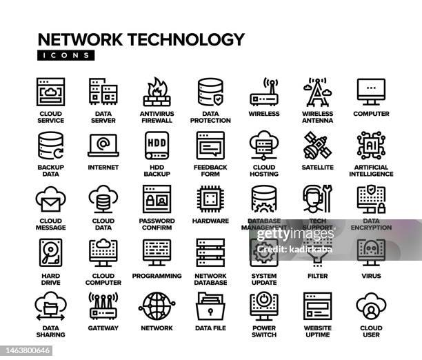 network technology line icon set - communications tower editable stock illustrations