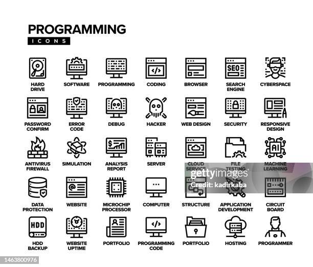 stockillustraties, clipart, cartoons en iconen met programming line icon set - computeronderdeel