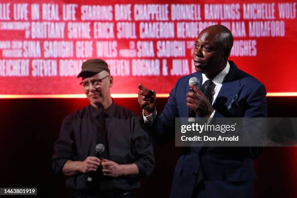 Steven Bognar looks on as Dave Chappelle addresses guests during a screening for "Dave Chappelle Live in Real Life" at Hoyts Entertainment Quarter on...