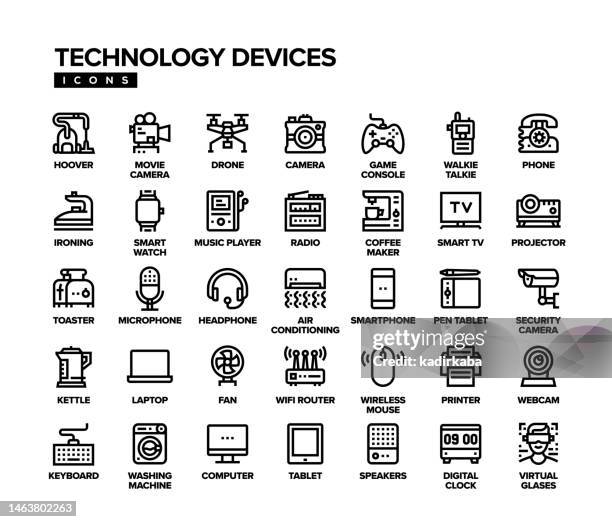technology devices line icon set - radio hardware audio stock illustrations