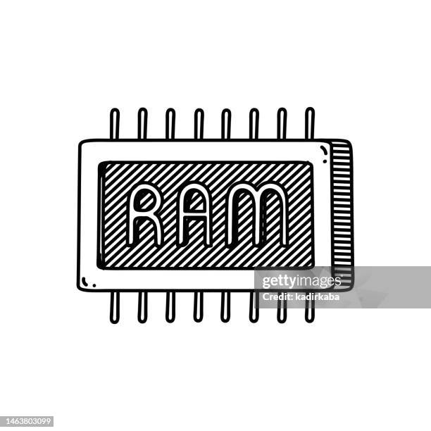 random access memory line icon, sketch design, pixel perfect, editable stroke. cpu, computer, computer chip, data, circuit board. - computer line drawing stock illustrations