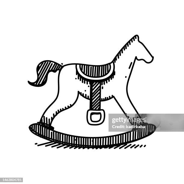 rocking horse line icon, sketch design, pixel perfect, editable stroke. baby toy. - baby pram stock illustrations
