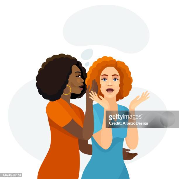 gossip girls. young women whispering secrets. african american woman. surprised redhead woman. - redhead stock illustrations
