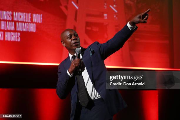 Dave Chappelle addresses guests during a screening for "Dave Chappelle Live in Real Life" at Hoyts Entertainment Quarter on February 07, 2023 in...